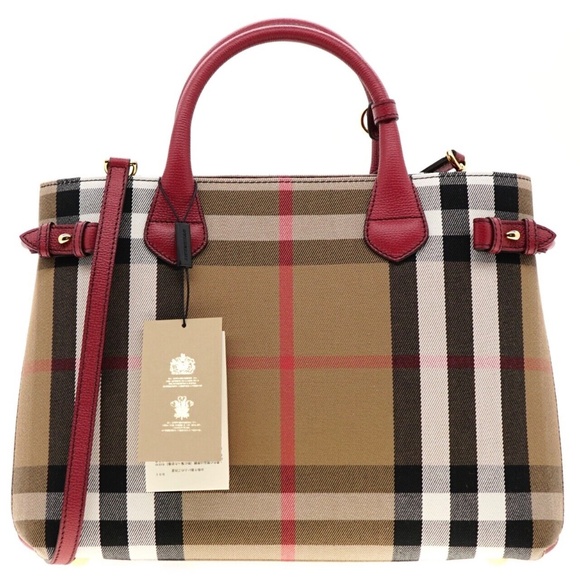 Burberry Banner Medium Tote Shoulder Bag Check Canvas Red New - Picture 3 of 9